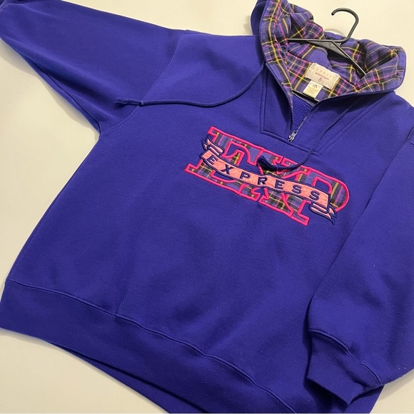 Vintage 90’s Express Athletique Purple and Plaid Embroidered Hoodie Size Small - Picture 8 of 11